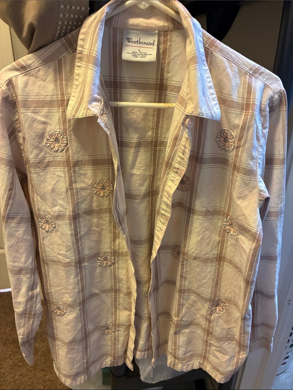 Westbound Women's Beige Plaid Button-Down Shirt with Embroidered Florals